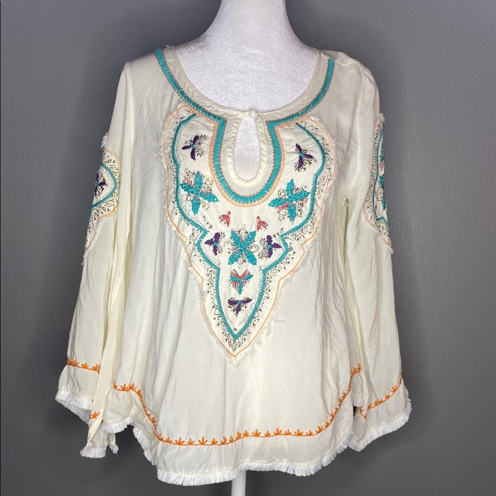 Love Stitch Cream Embroidered Fringe 3/4 Sleeve Bohemian Blouse - Size S